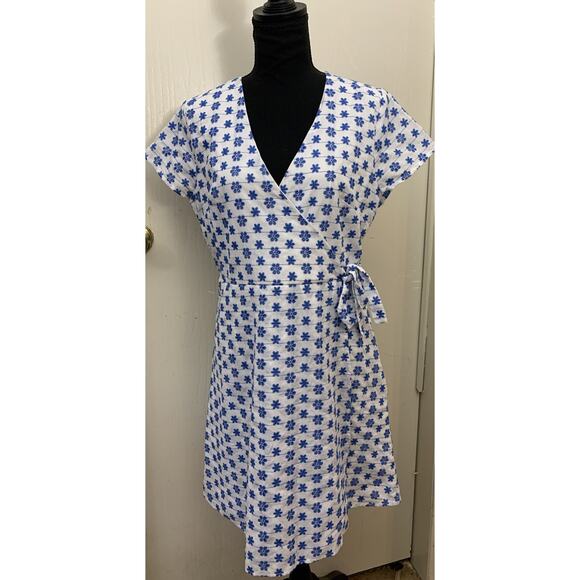 Mi Ami Francesca’s Wrap Dress Embroidered Womens L Blue White - Picture 2 of 6